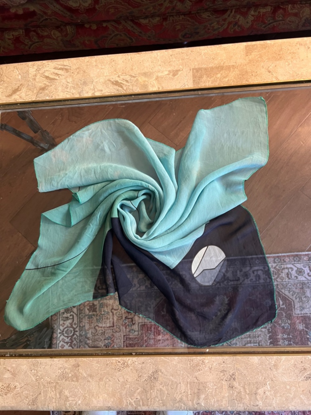 Vintage square silk scarf turqoise color